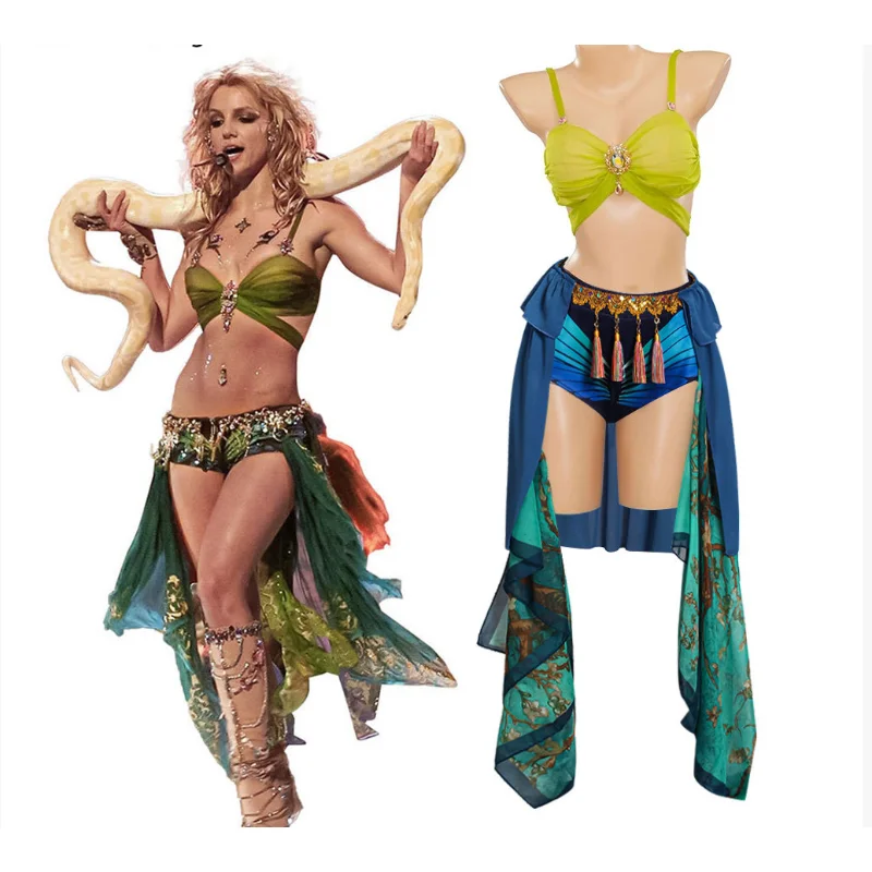 

Britney Spears Slave Costume Blue Dance with Snake Dress for Stage Performance Halloween Carnival Party Cosplay Fancy Dress