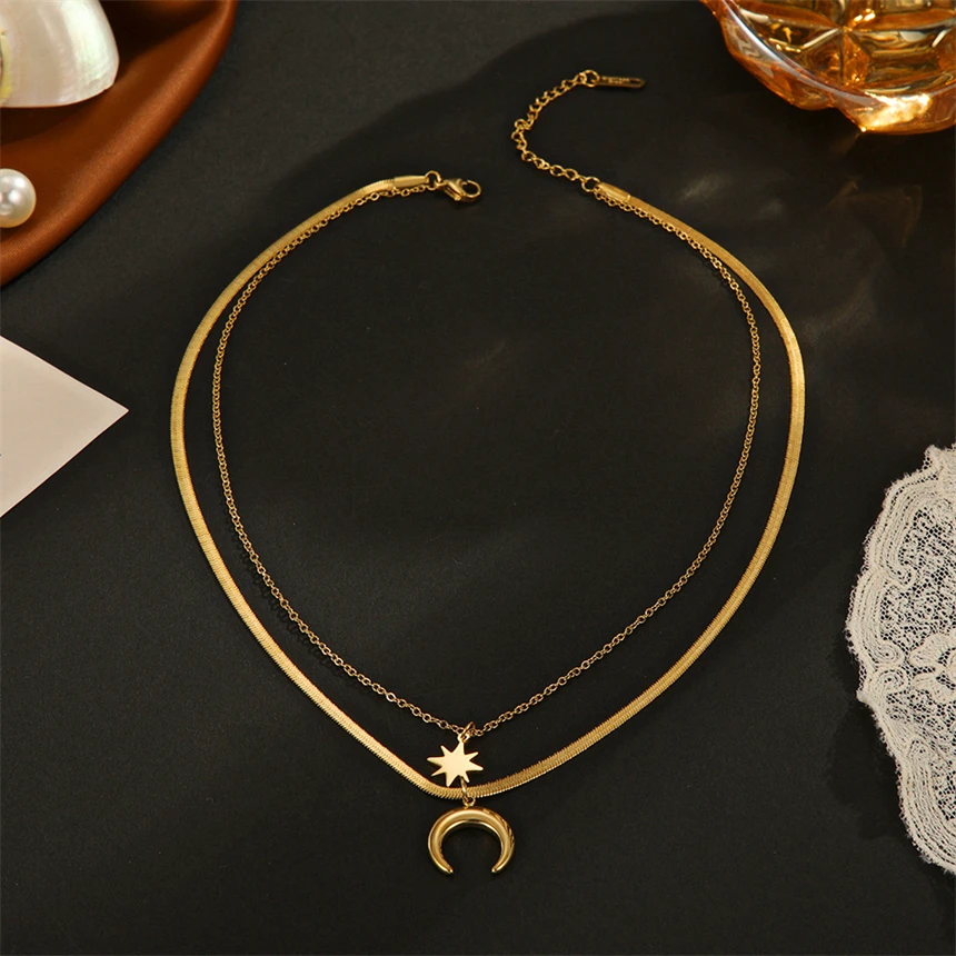 316L Stainless Steel Snake Bone Double Layer Chain Moon Star Pendant Necklace For Women Fashion Fine Jewelry Party Gifts N812