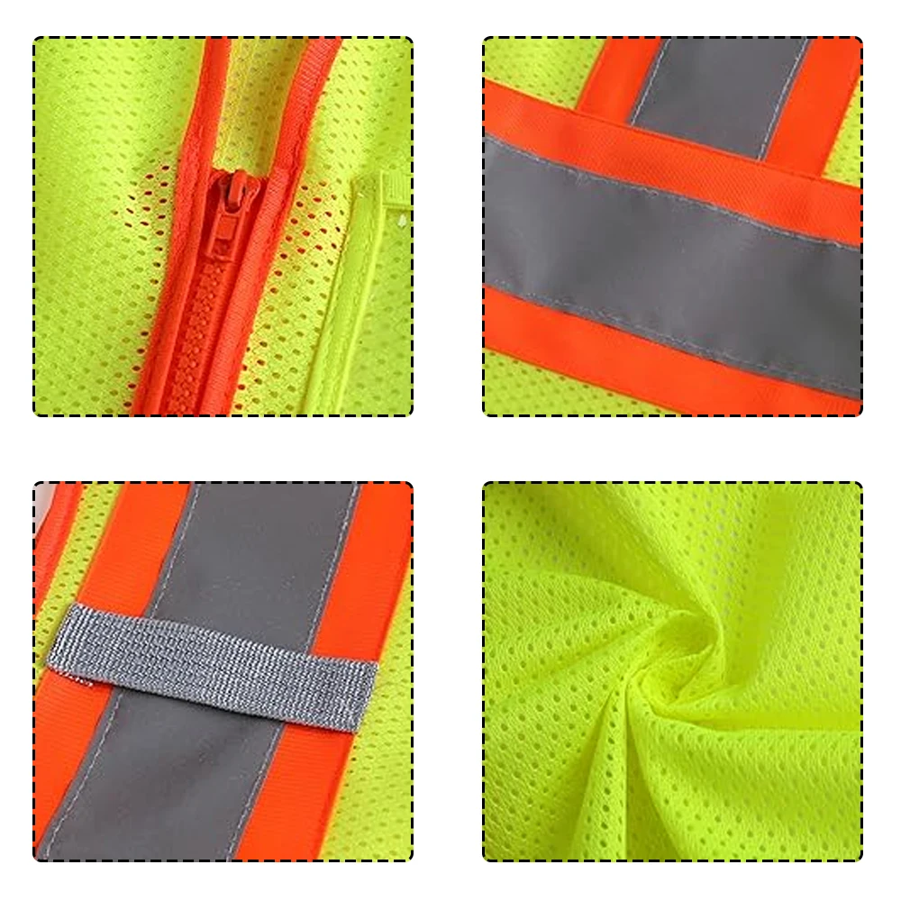 Fluorescent Mesh Vest with Multiple Pockets and Front Zipper Hi Vis Construction Workwear Vest Uniforms for Men Women