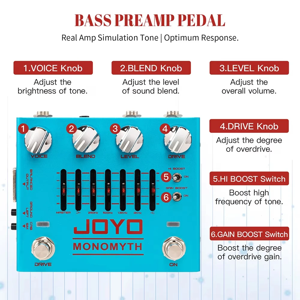 JOYO R-26 Monomyth Bass Preamp Elektrisches Effektpedal 6-Band Grafik EQ Control Echter Verstärker Tonsimulation Basspedal