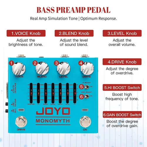 Imagen 2 del producto JOYO R-26 Preamplificador de graves Monomyth Pedal de efecto eléctrico Control EQ gráfico de 6 bandas amplificador Real simulación de tono Pedal de bajo