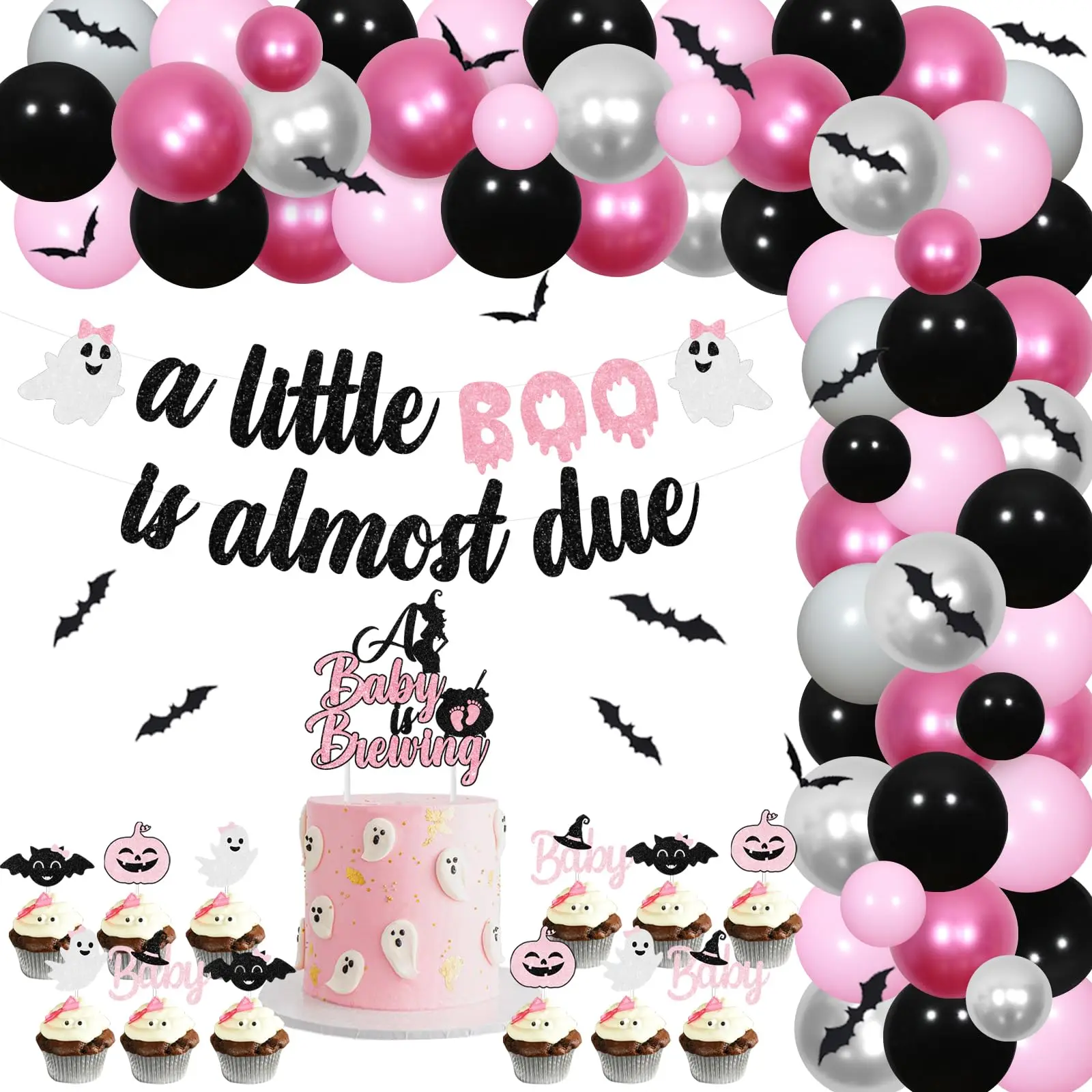 

Funmemoir Halloween Baby Shower Decorations Pink Black Silver - Balloon Garland Arch Kit with A Little Boo Is Almost