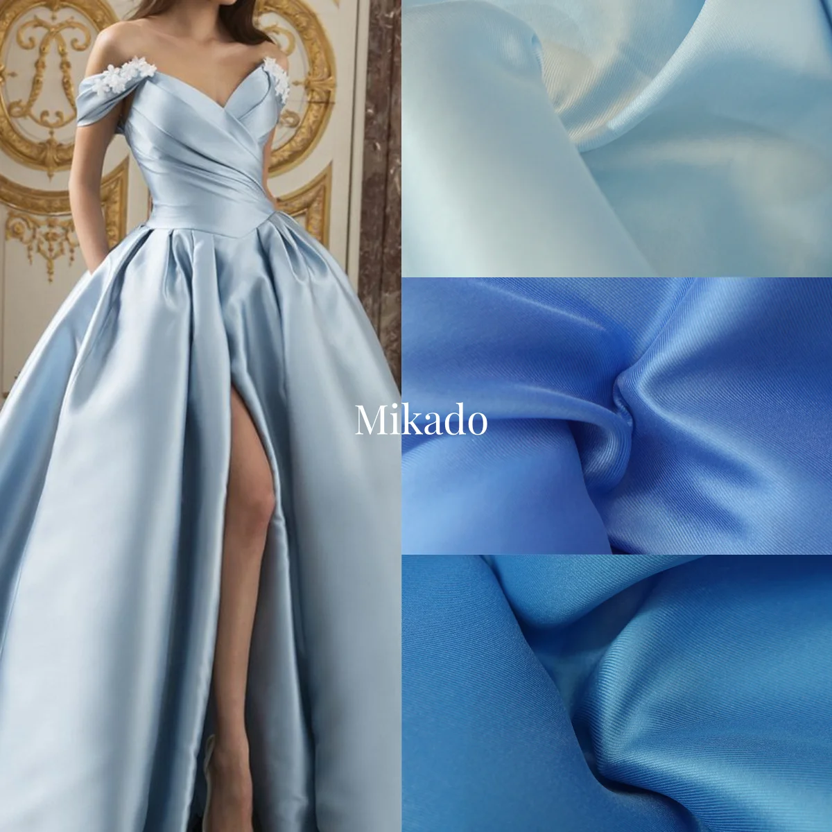 

The blue series luxury wedding dresses are made of Mikado satin fabric and twill satin stiff fabrics for sewing