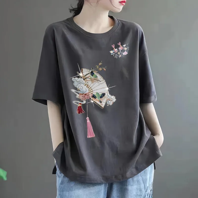 New Spring and Summer Women\'s Solid O-Neck Short Sleep Loose Chinese Style Pullovers Fashion Casual All Match Commute Tops