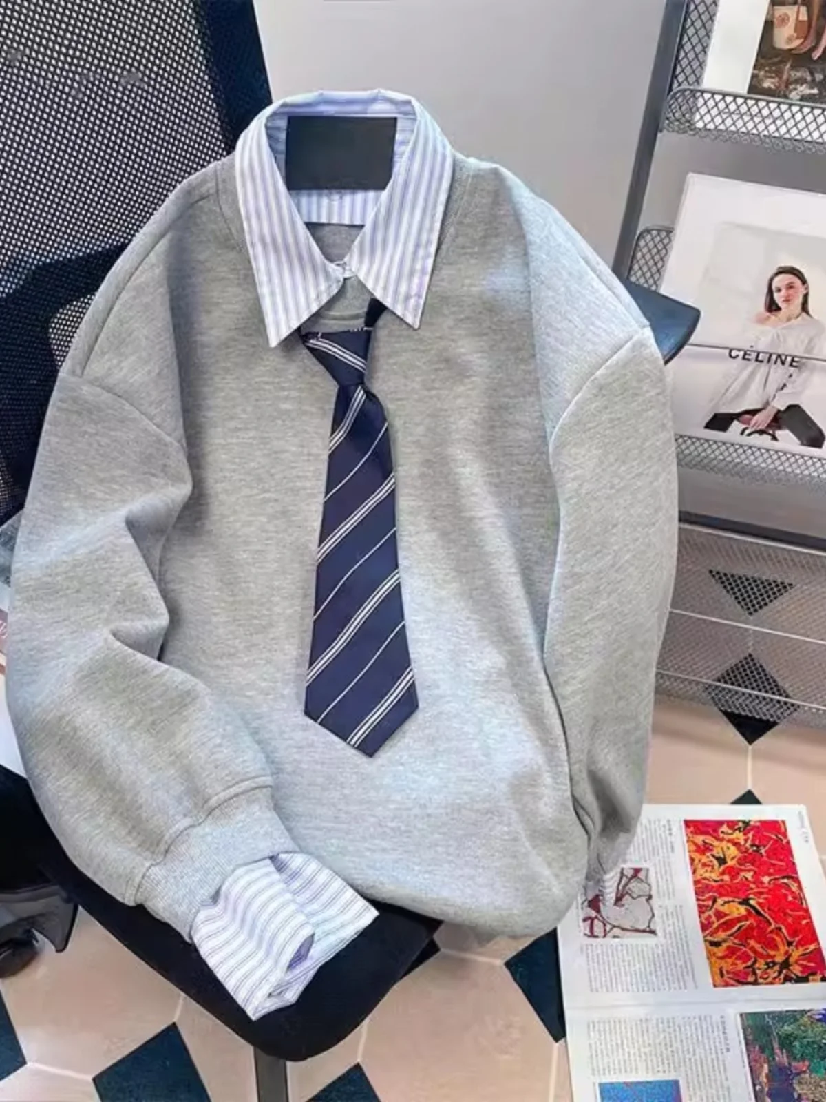 

Мужская модная толстовка-куртка в японском стиле, имитация двухслойности, свободный крой, для дома, большие размеры, 300 Pou, в полоску