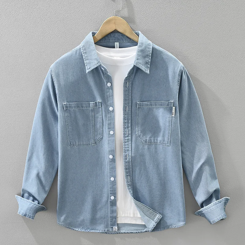 Japanese Vintage Jean Shirts Male Spring Fall New Mens Denim Shirt Long Sleeve Light Blue Denim Shirt Double Pockets Cowboy Top