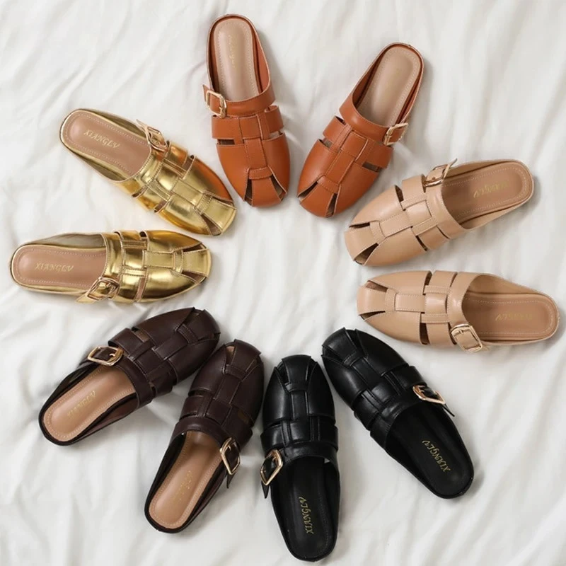 

Women's Mules Flat Sandals Summer Slip On Soft Leather Slippers Large Size Woven Hollow Out Roman Beach Shoes Casual Footwear