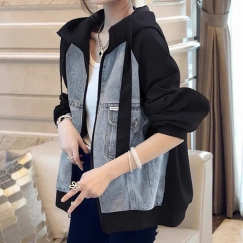 Fashion Denim Stitching Hoodie Women\'s Spring Autumn Loose Casual Outwear Vintage Long Sleeves Jeans Jacket Female