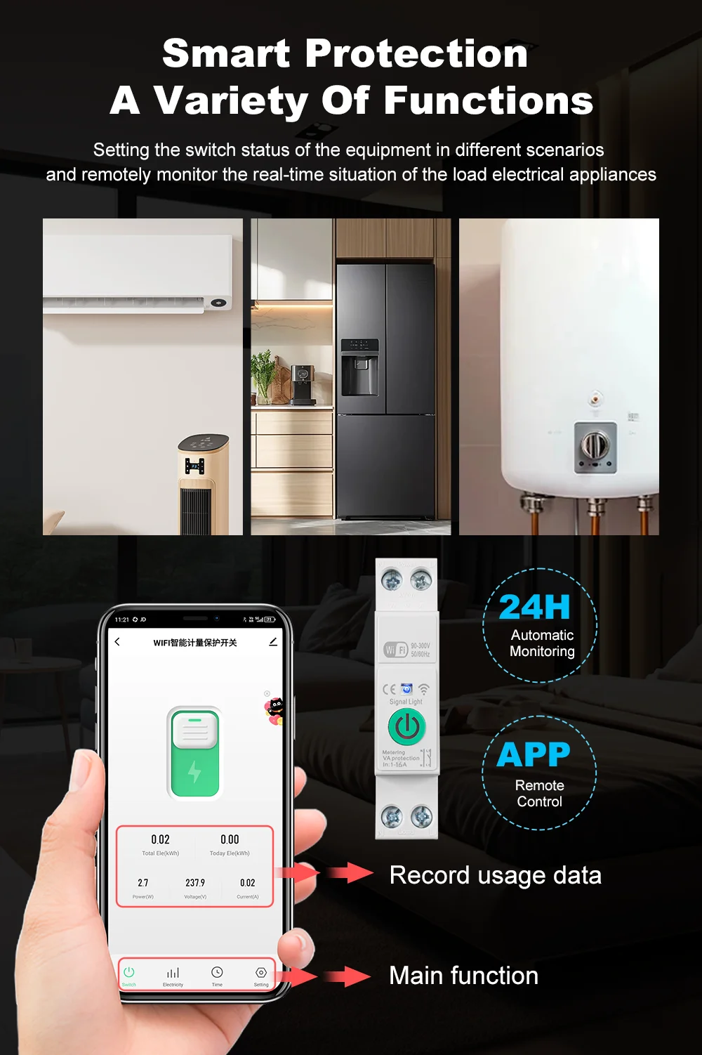 1P+N 16A WLAN-Smart-Leistungsschalter mit Energiemessung, kWh, Spannung, Stromschutz, kompatibel mit Tuya Fernbedienungsschalter – Detail 11