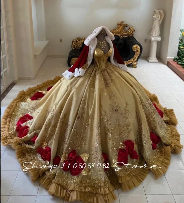 Gold Royal Quinceanera Dresses Glitter Appliques 3D Red Rose Cloak Floor‑Length Prom Gown Customized vestidos de 15 quinceañera