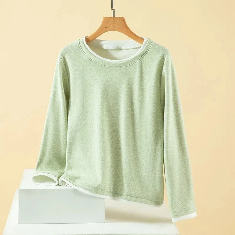 Women Plus Size Fake Two Piece Crew Neck Dralon Thermal Tops Autumn Winter Fleece Long Sleeve Undershirt S 4XL