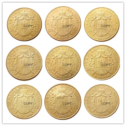 

France 50 Francs Napoleon III A Set Of(1855 -1859 A B)9pcs Gold Plated Copy Coin