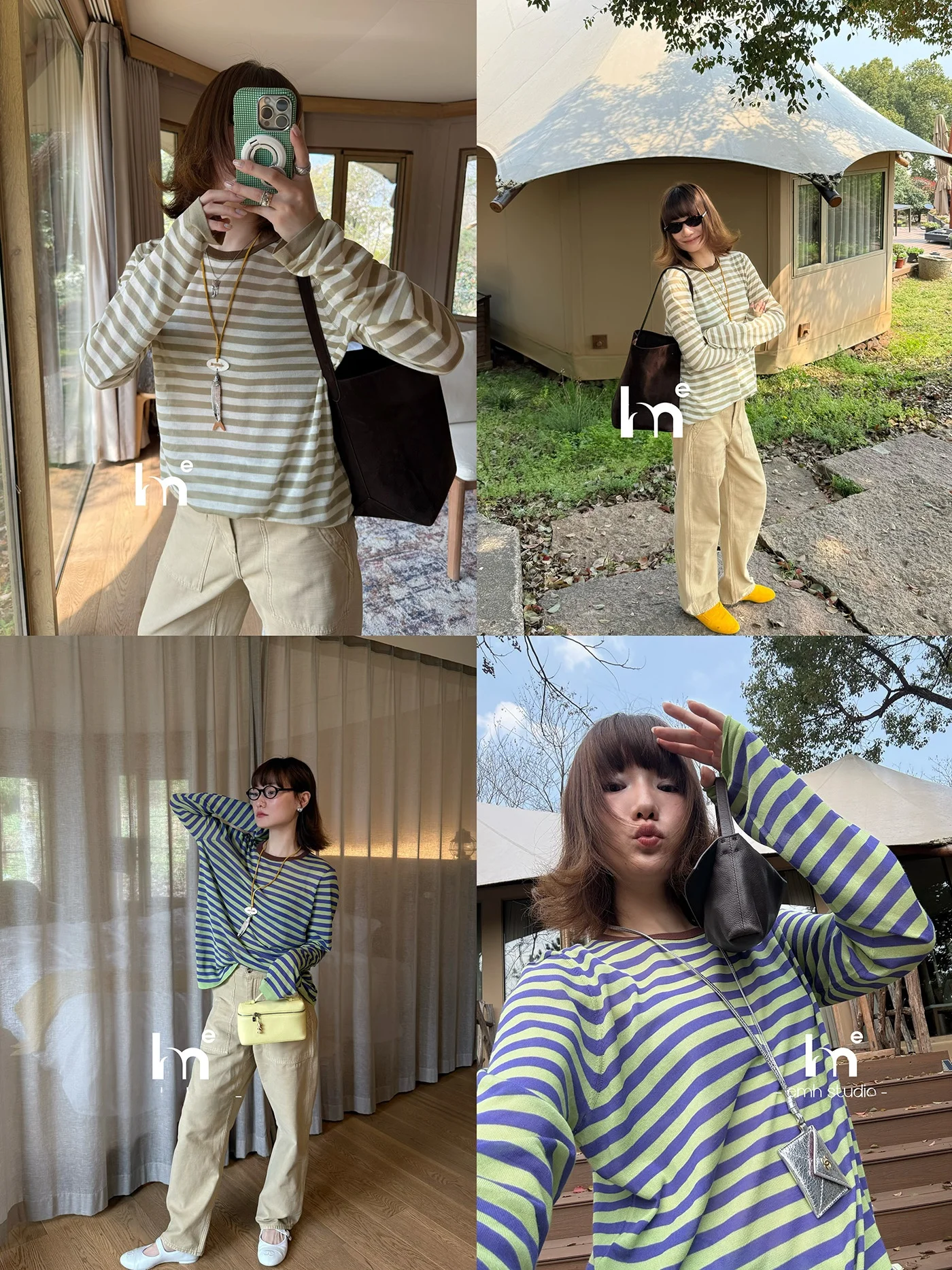 

EMH Lightweight Thin 18-Needle Acetate Fiber Long Sleeve Knitted Sun Protection Shirt Color Block Stripe Pattern Soft round Neck