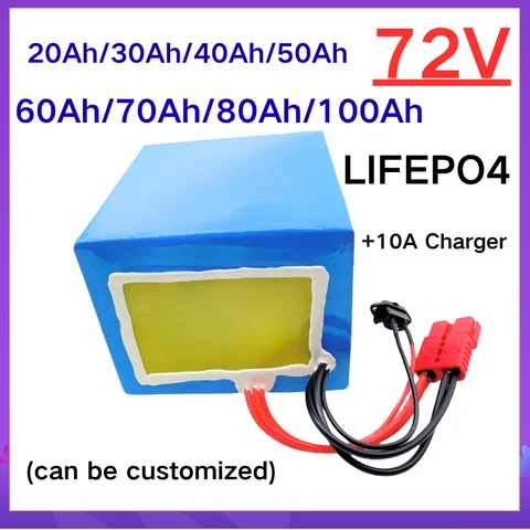 72V Lithium LiFePO4 Battery Pack with BMS 40Ah-100Ah Electric Bike Motorcycle Scooter Battery Charger Set for 3000W Vehicles