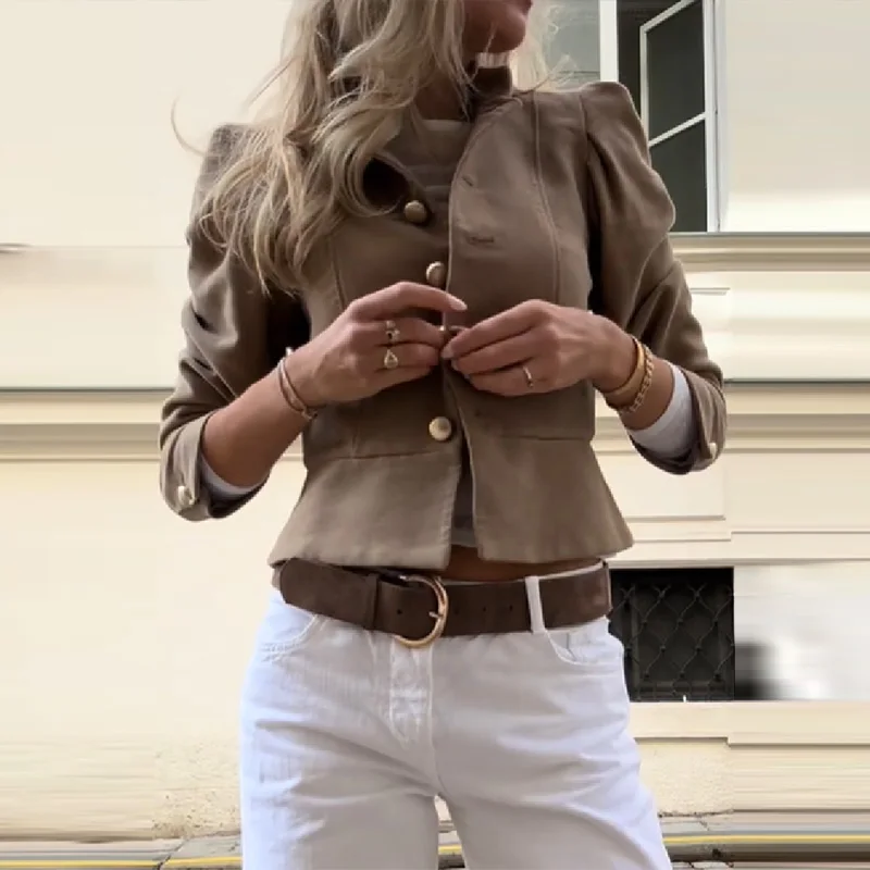 

Женская короткая модная куртка с воротником-стойкой и пряжкой, однотонный облегающий костюм с длинными рукавами, новинка 2025 года, повседневные уличные офисные пальто