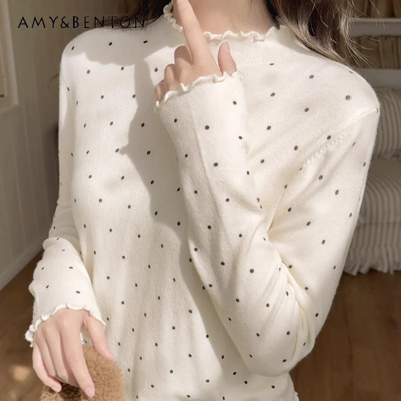 

Korean Sweet Cute Polka Dot Slim Fit Women's Bottoming Shirt 2025 Autumn Winter New Gentle Versatile Long Sleeve T-Shirt Ladies