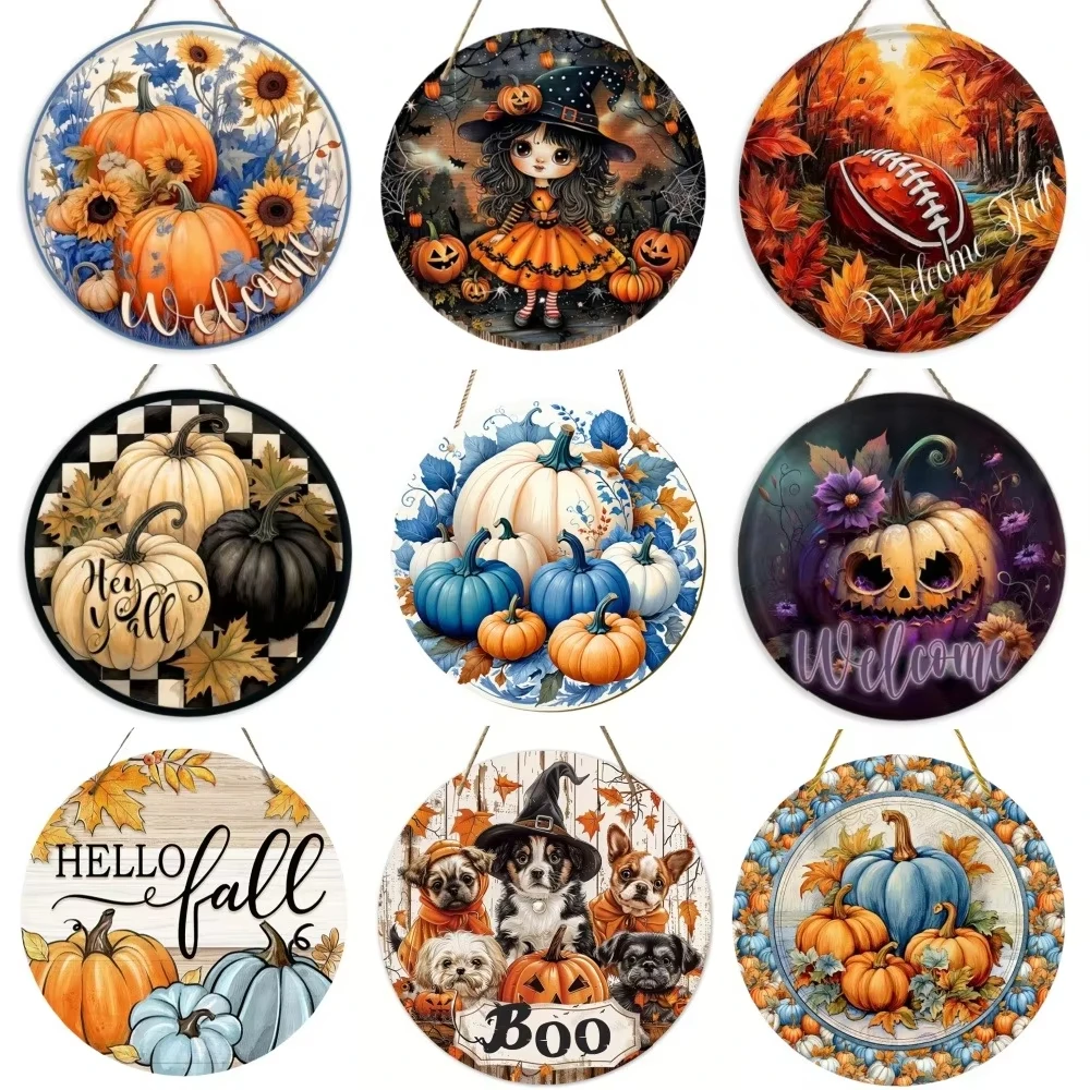Herbstdekorationen, 2D-flache bunte Blumen, Kürbismuster, Holzschild, Halloween, zum Aufhängen, für Tür, Wand, Zuhause, Thanksgiving-Geschenke