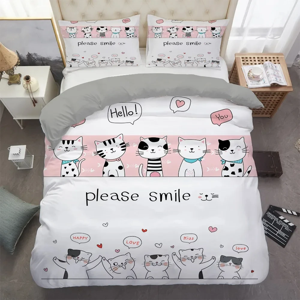 Home Textile Cartoons Cute Cat Quilt Cover Duvet Cover Pillow Case Boy Girl 2/3Pcs Polyester Bedding Set King Queen Twin Size