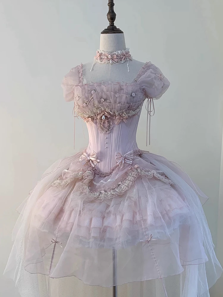 Zoete bloem bruiloft lolita roze vestido 2025, nieuwe zomer dames slanke elegante prinsessenjurk, schattige strik trailing verjaardagsjurk