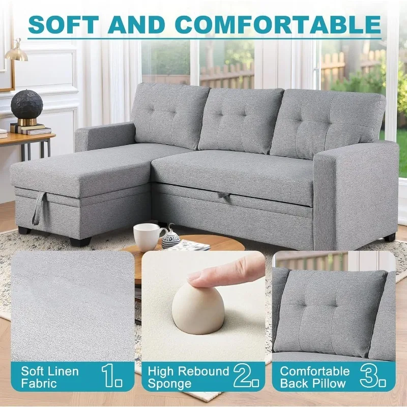 أريكة نوم على شكل حرف L مع كرسي تخزين، 53 سرير أريكة قابل للسحب لغرفة المعيشة، أريكة كتان مقطعية للشقق #4