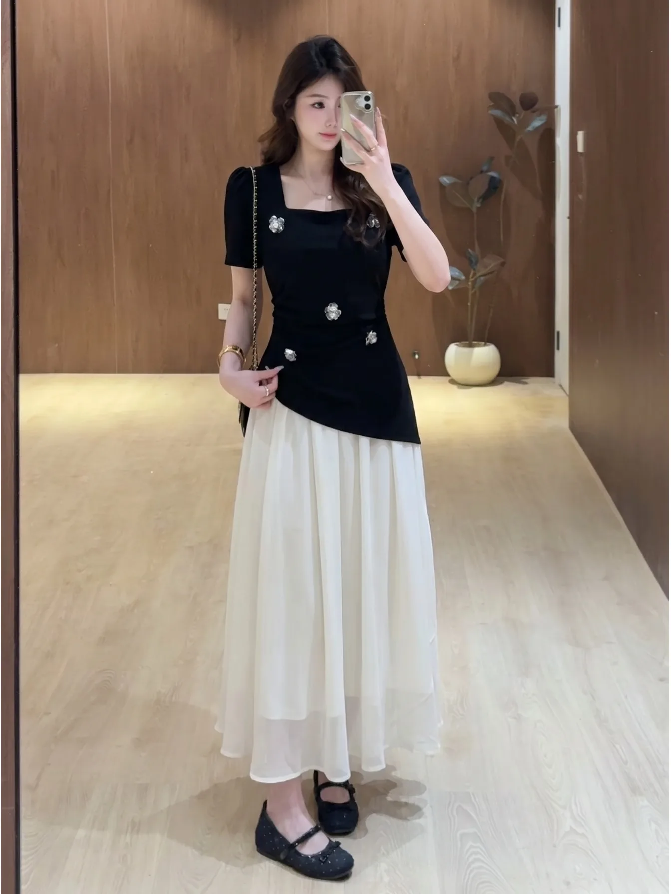 

Summer Fashion plus Size Women's Dress High Waist Loose Flowing Satin Color Block A-Line Skirt Short Sleeve French Style