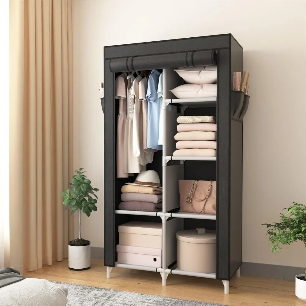 Portable Closet Wardrobe for Hanging Clothes with 6 Storage Shelves,1 Hanging Rod and 4 Pockets,Free Standing Closet Clothes