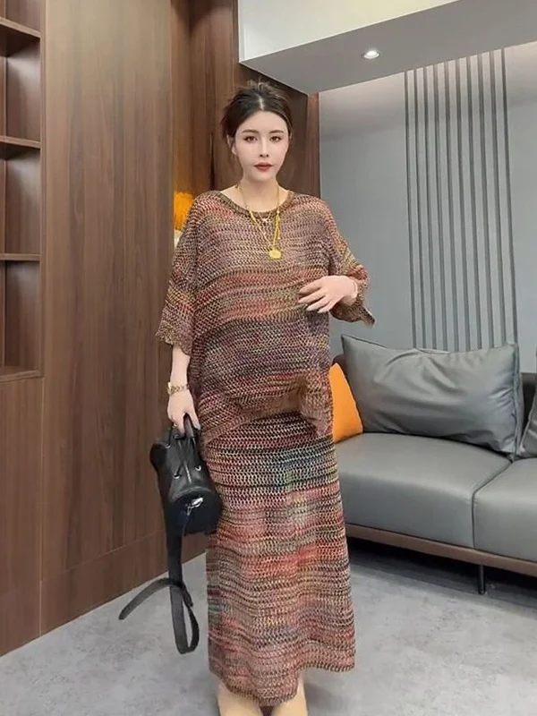

plus Size Knitted Hollow out Color Blo Me Hollow out Knitwear Women's f Skirt Set Summer Casual High Waist A-Line Skirt