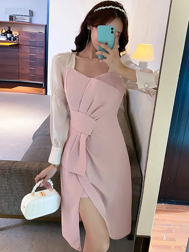 Abito longuette con fasciatura con fiocco chic patchwork rosa da donna Autunno Inverno Elegante abito casual a maniche lunghe 2025 Abito da festa aderente coreano