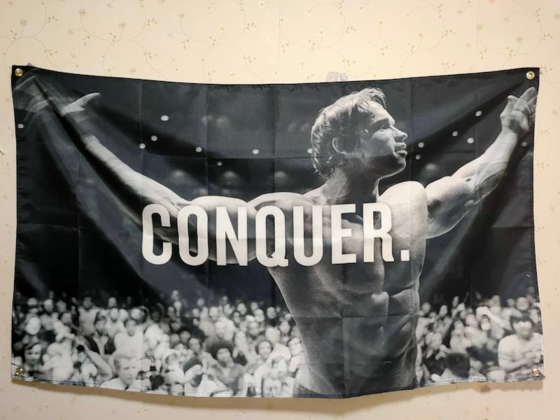 Drapeau de gym Arnold Schwarzenegger : Tapisserie murale de motivation pour la musculation, bannière de conquête, drapeau personnalisé, publicité pour jardin et bateau
