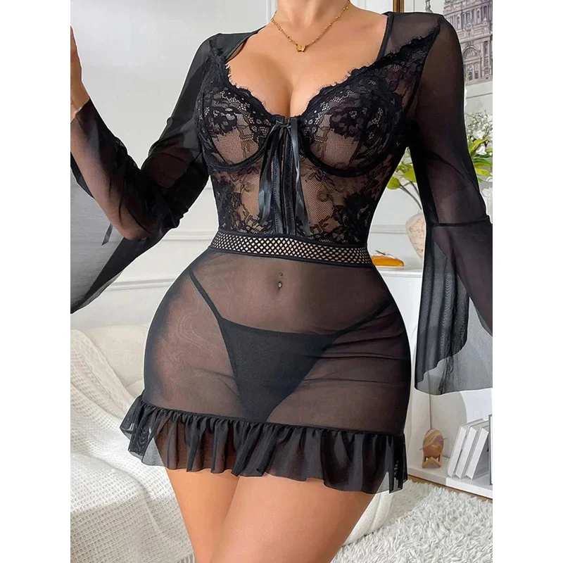 Sexy Lace Mesh Patchwork Sheer Long Sleeve Nightdress Sexy Transparent U-Neck Wrap Hip Dress Charming Pure Desire Elegant