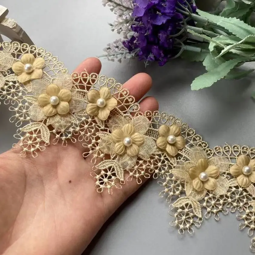 1 Yard Luxury Gold Lace Fabric Pearl Organza Tulle 3D Beads Flowers Embroidery Ribbon Trim Edge For DIY Sewing Neckline Decor