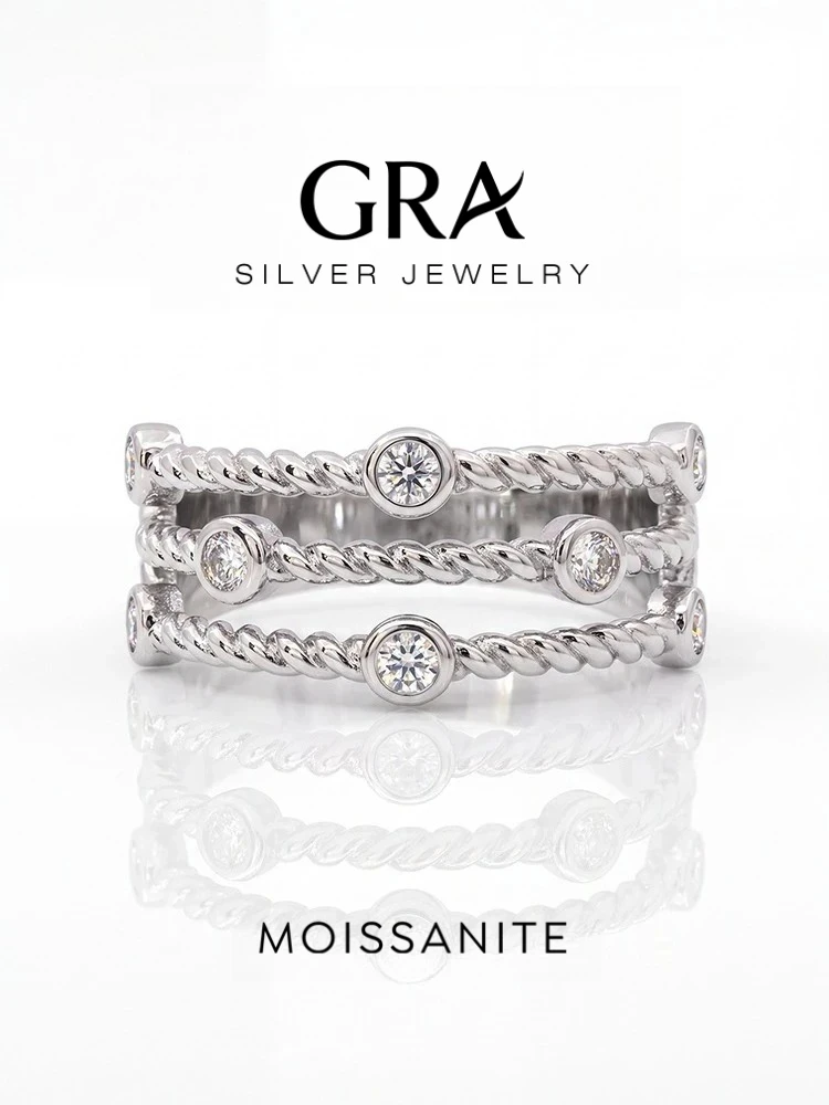 925 Sterling Silber Echter Runder Moissanit-Diamant Dreischichtiger Gedrehter Muster-Ring für Frauen Jubiläum Hochzeit Edle Schmuckstücke – Detail 1
