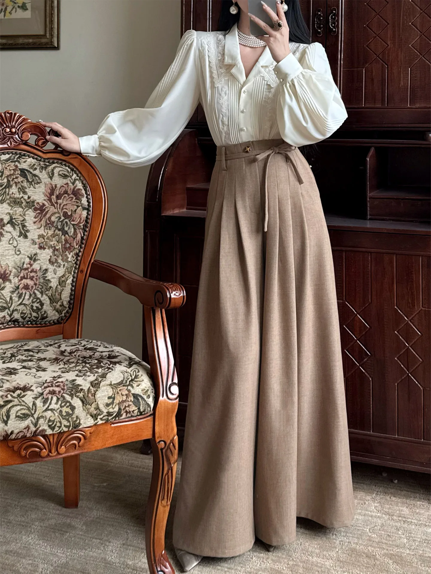 

Retro Sle High Waist Loose Wide Leg Pants Decorative Belted Drapey Silhouette Ele Commute Straight Cut Long Trousers