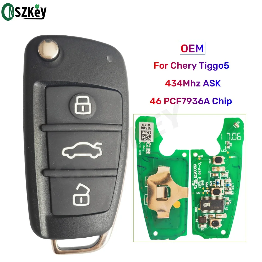 CNSZKEY OEM Flip Remote Key For Chery Tiggo 5 434Mhz ASK ID46 PCF7936A / HITAG2 7936 Chip 3 Buttons