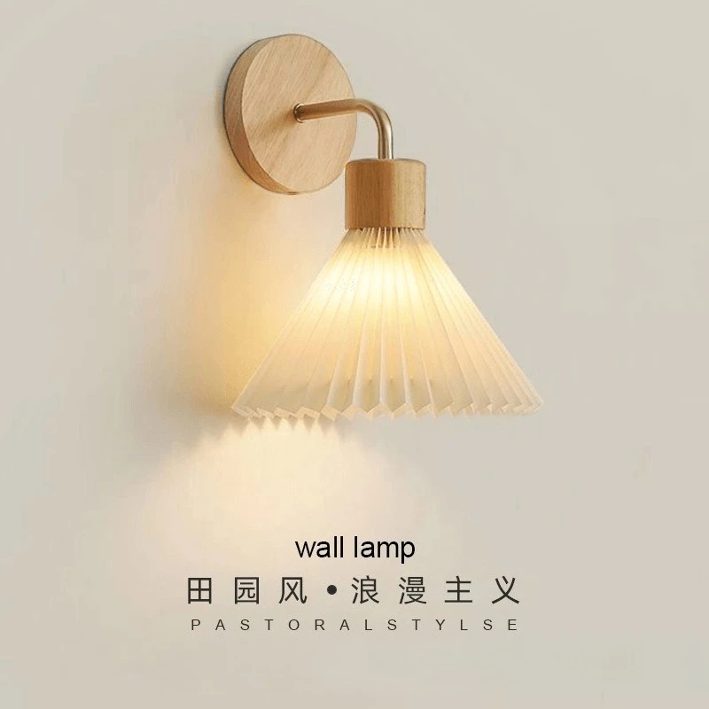 

Cream wall lamp bedroom bedside lamp Nordic log style simple pleated living room sofa background wall lamp eye protection LED