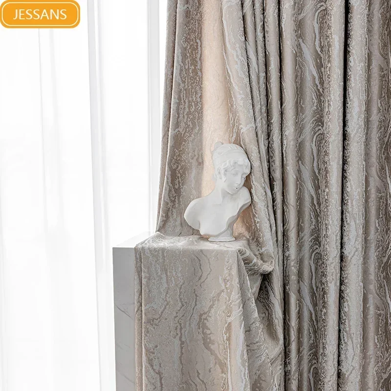 

Geometric Stripe Jacquard Cream Grey Thickened Curtains for Living Room Bedroom French Window Customized Finished Product