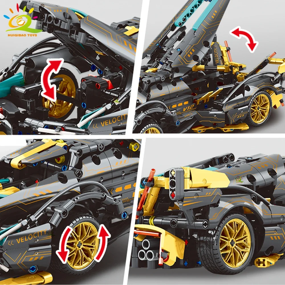 HUIQIBAO 1:14 Racing Car Technical Model Building Blocks MOC Led line Bricks Display box Children City Construction Toy Boy Game