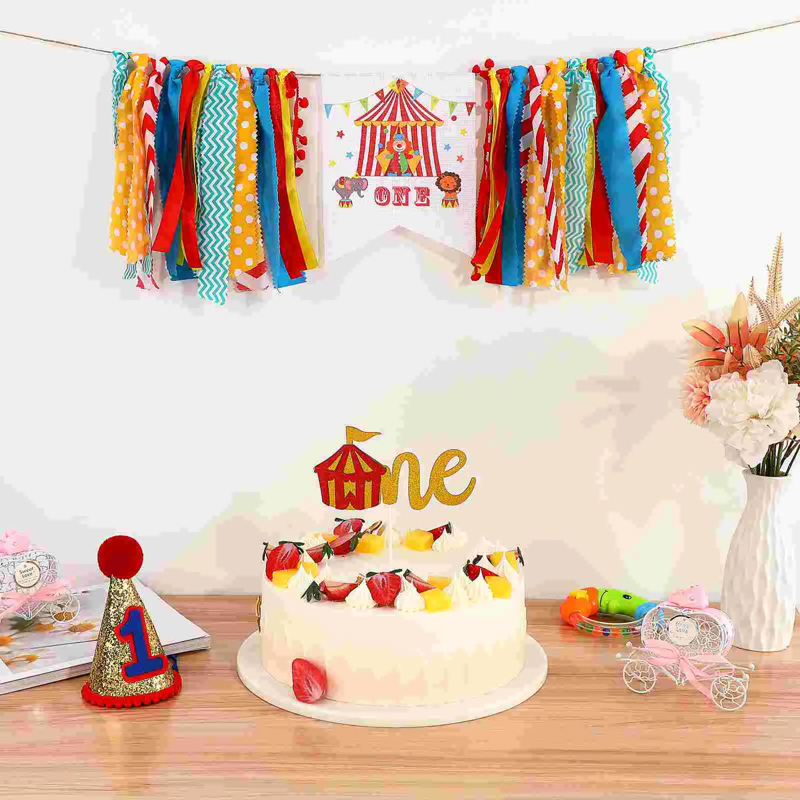 3 Pcs 1st Birthday Banner High Chair Decorations Kit for Cake Flag and Hat Neutral First Boy