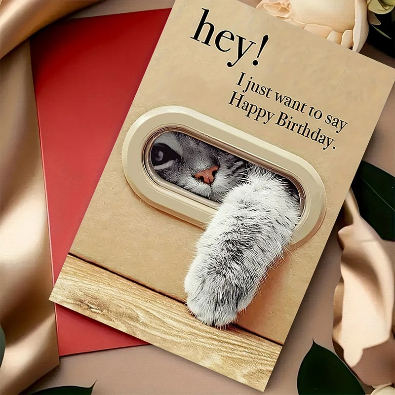 Cute Cat Birthday Card, Playful Kitty Paw Design,Happy Birthday Card With Envelope, Best Gift For Cat Lover, Family, Friends