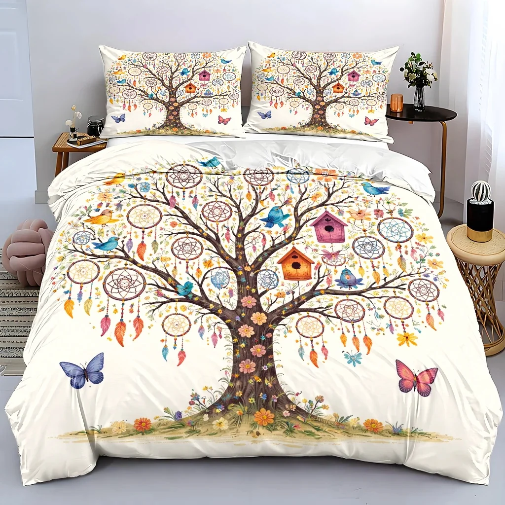 3Pc Dreamcatcher Tree Flower Bird Butterfly Duvet Cover Set, Three-Piece Bedding Set (1*Duvet Cover + 2*Pillowcases), Suitable for All Seasons, Machine Washable, Invisible Zipper Design, Large Double Bed Cover Set, Suitable for Home, Dormitory, Master Bedroom, Guest Room, Fresh Forest-Style Illustration Bedding, Dreamy Floral and Butterfly Print, Soft and Skin-Friendly Bedding, Cross-Border Best-Selling Bedding Set