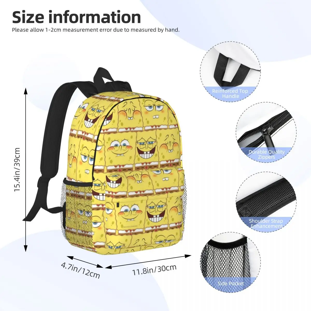 Sac à dos Bob l'éponge pour filles et garçons, sac à dos étudiant de grande capacité, sac à dos léger et étanche, 15 po