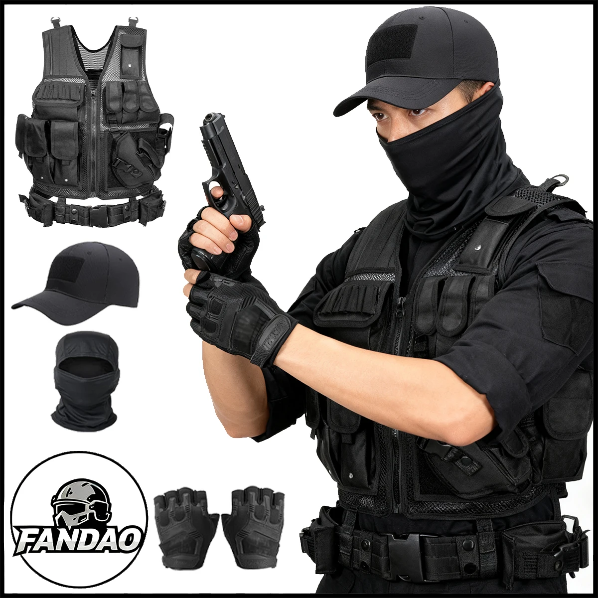 طقم سترة تكتيكية مع قبعة بيسبول قفازات نصف اصبع بالاكلافا سترة قتالية عسكرية قابلة للتعديل للصيد CS Airsoft