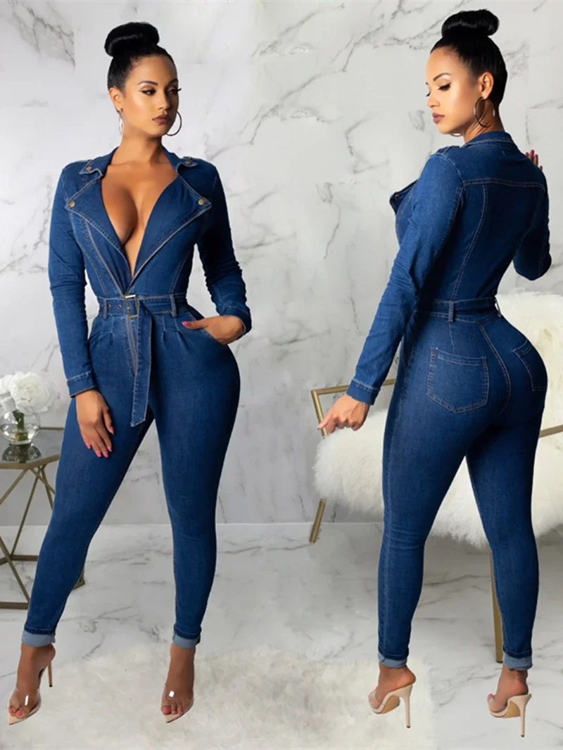 Streetwear Denim Jumpsuits for Women Spring Y2K Clothing Full Sleeve Bodycon Jean Rompers Playsuits One Pieces Overalls Outfits