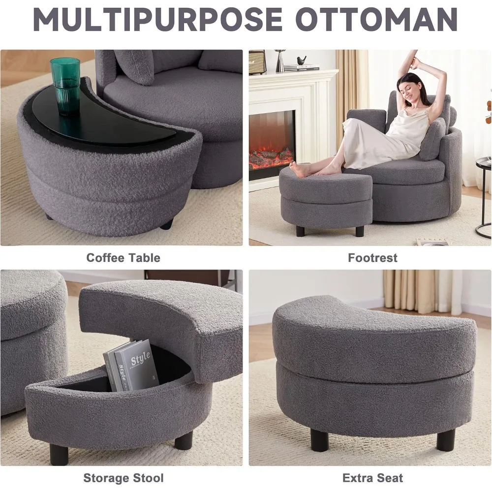 Swivel Chair with Half Moon Storage Ottoman,Swivel Barrel Chair with Base Storage, 360°Modern Swivel Accent Chair with 3 Pillows