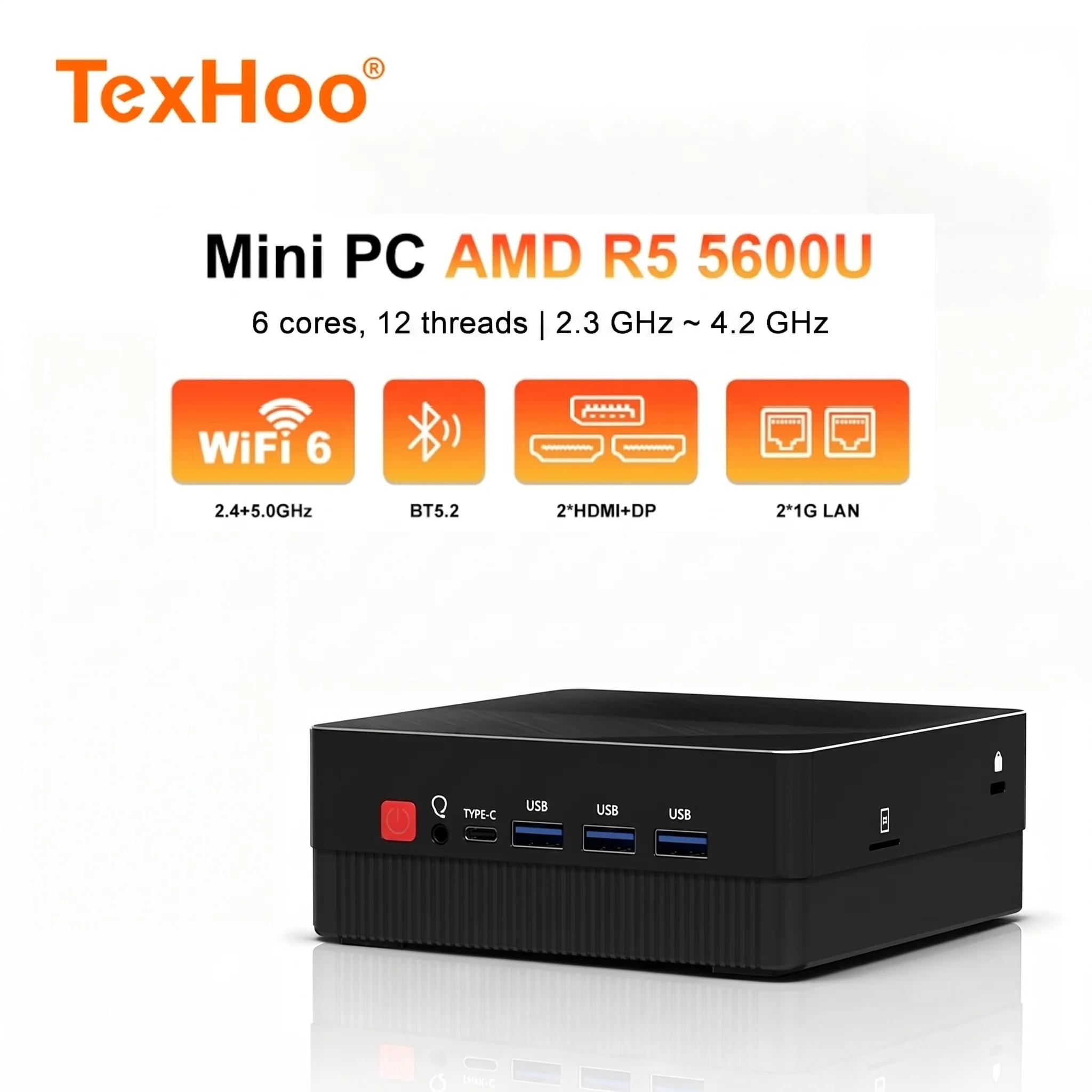TexHoo 미니 PC Ryzen 5 5600U 6코어/12스레드 트리플 4K 디스플레이 DP+2xHDMI 2xLAN WiFi 6 BT5.2 2xDDR4 RAM 미포함 SSD 미포함 OS 미포함 데스크탑 컴퓨터 ﻿