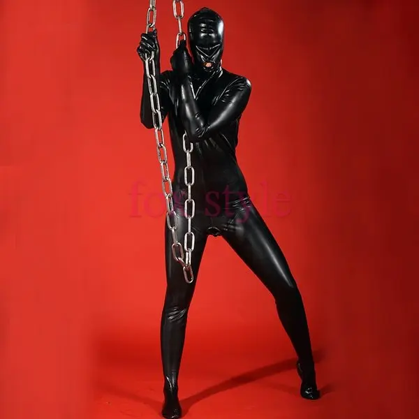 

latex heavy full cover catsuit with hole in mouth and female condom