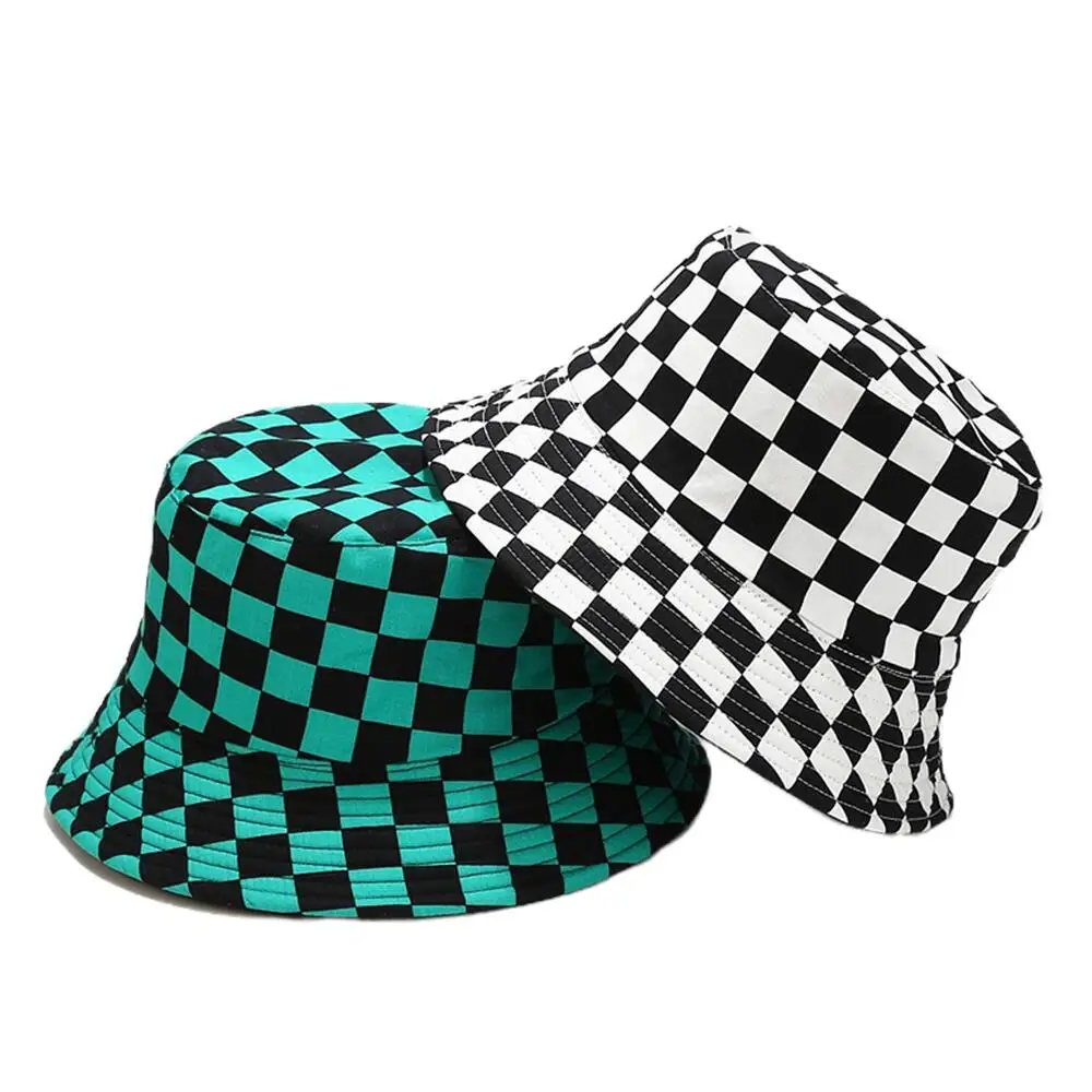 Brand New Cotton Plaid Bucket Hats Unisex Summer Outdoor Travel Panama Male Casual Double-sided Basin Caps Fasion Bucket  Hats