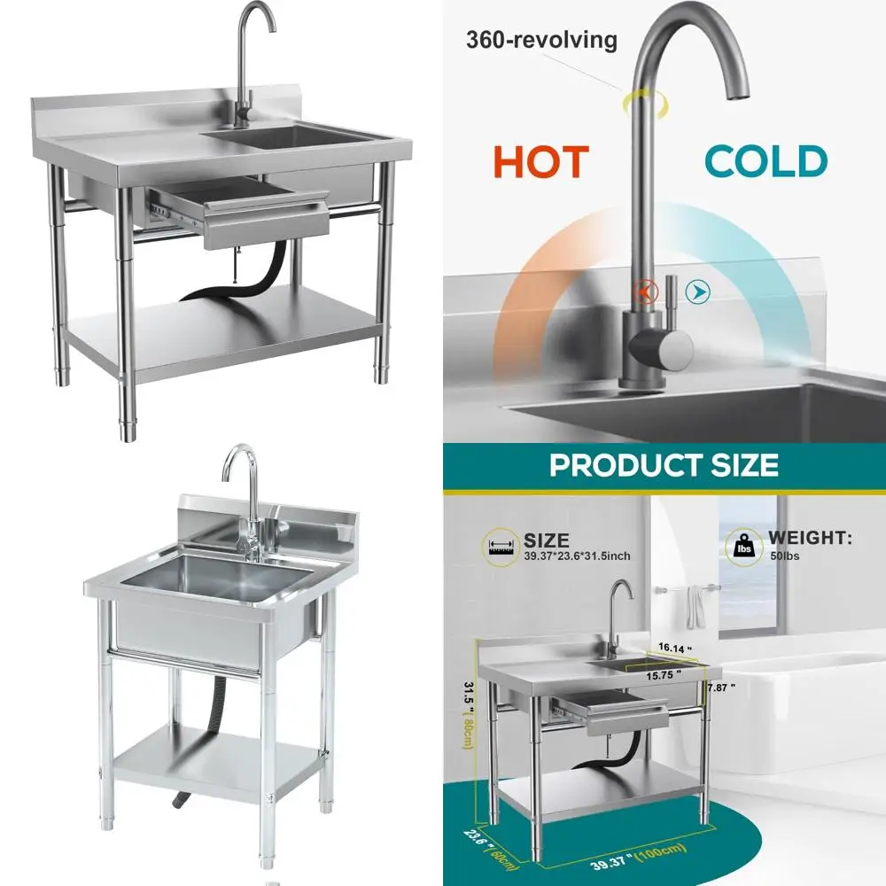 

Commercial Grade Stainless Steel Single Bowl Utility Sink with Drawer and Dual Temperature Water Faucet for Kitchen Use
