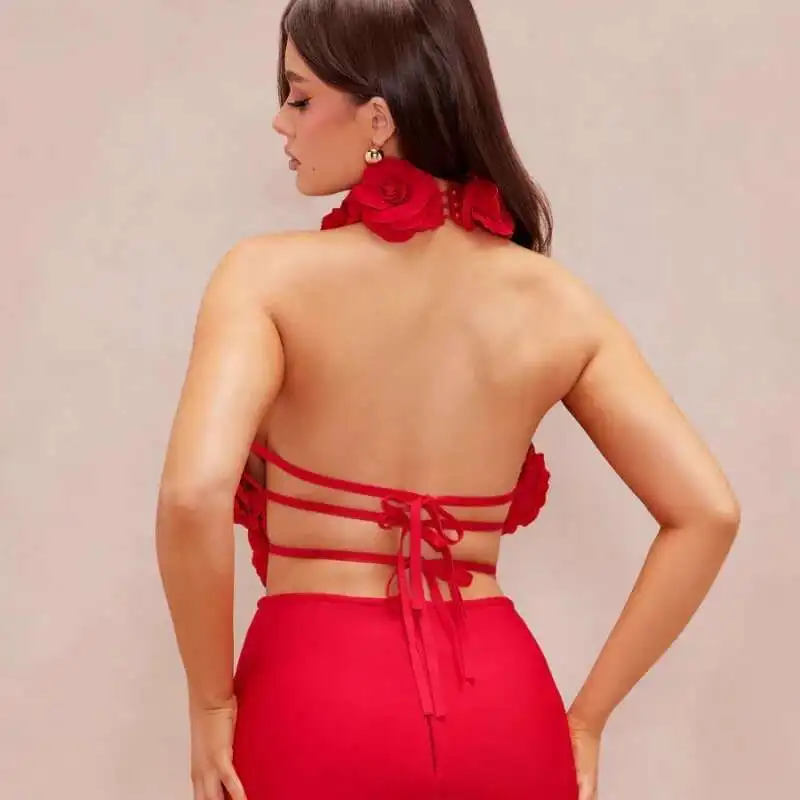 فستان سهرة طويل مثير برقبة رسن من LEOSOXS مزين بالورود ثلاثي الأبعاد فستان ضيق بتصميم أنيق بدون ظهر للمناسبات الرسمية