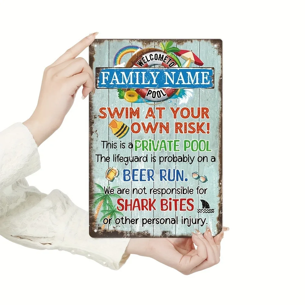 Custom Surname Private Pool Tin Sign Vintage Farmhouse Swimming Pool Wall Decor Gift view 4